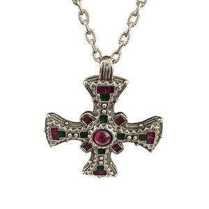 Farable Silver Tone Cross Pendant Necklace with Pink Crystal